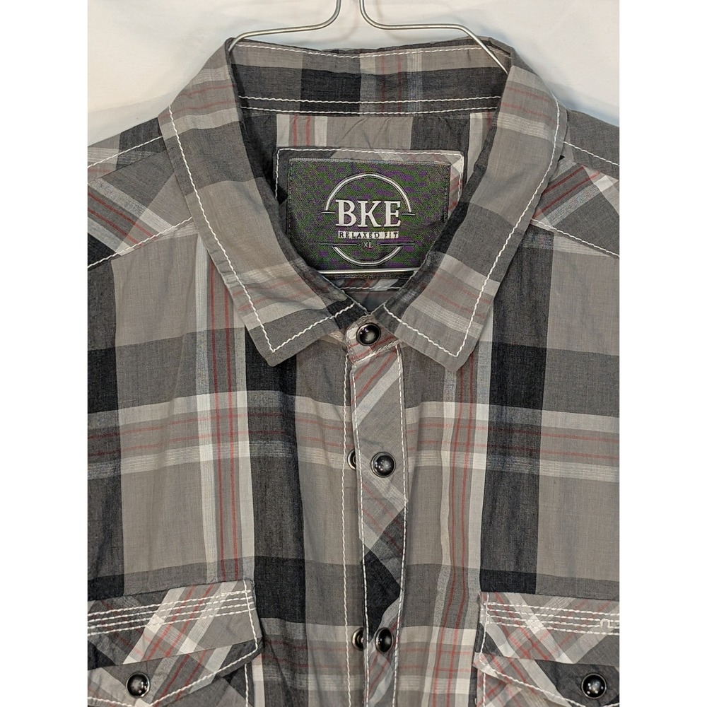 BKE Relaxed Fit Gray Black Plaid Pearl Snap Long Sleeve Shirt XL 11392FPW